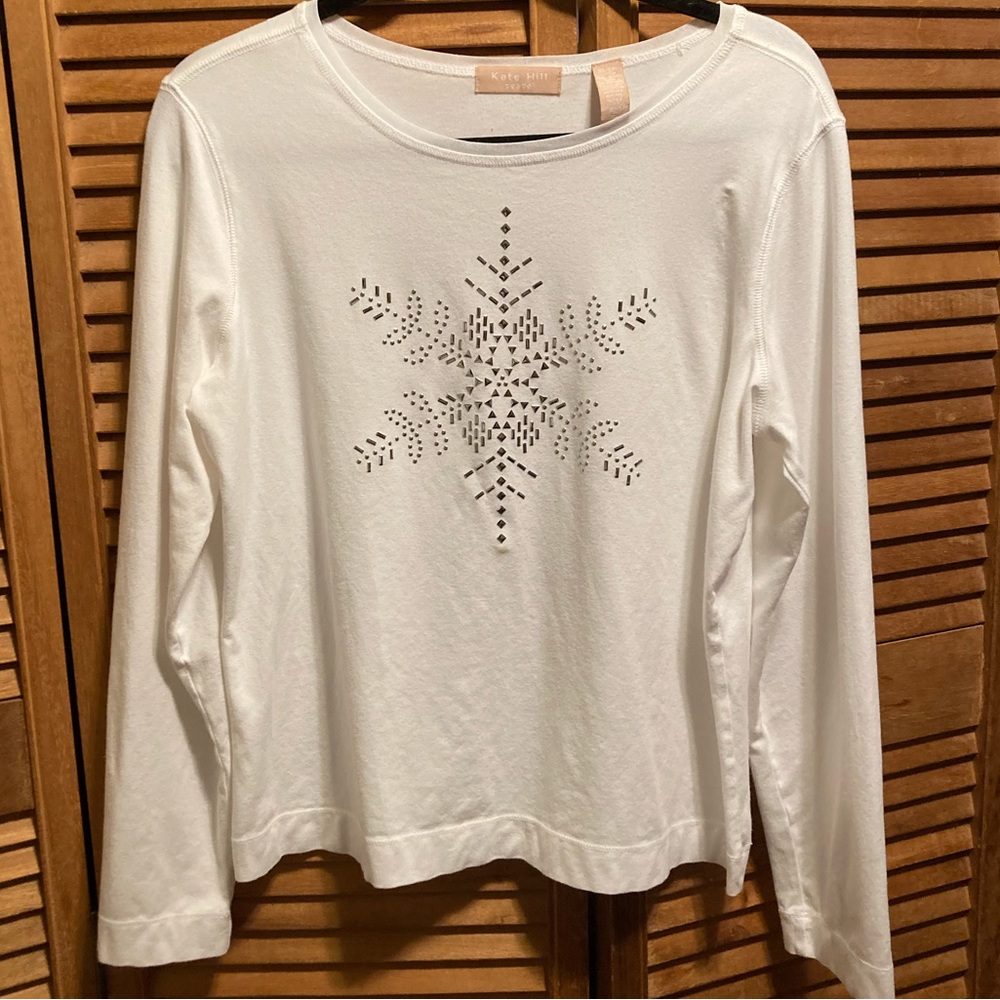 Kate Hill White Top with Silver Snowflake Embellishments